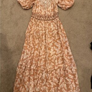 Free People Cream Brown Floral Tiered Maxi Dress